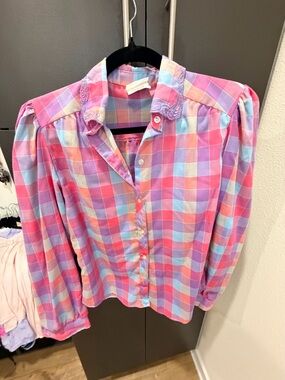 Vintage-Inspired Pastel Plaid Button-Down Shirt - Pink/Purple